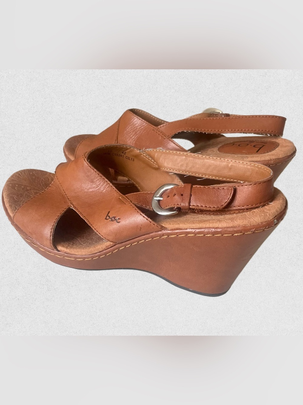 B.O.C Tan Leather Wedge Sandals with Buckle, Size 10